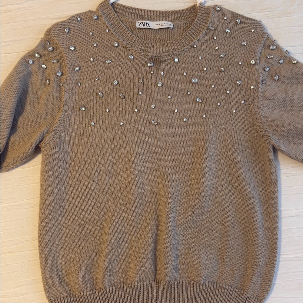 Zara Taupe Crewneck Sweater with Scattered Crystal Embellishments